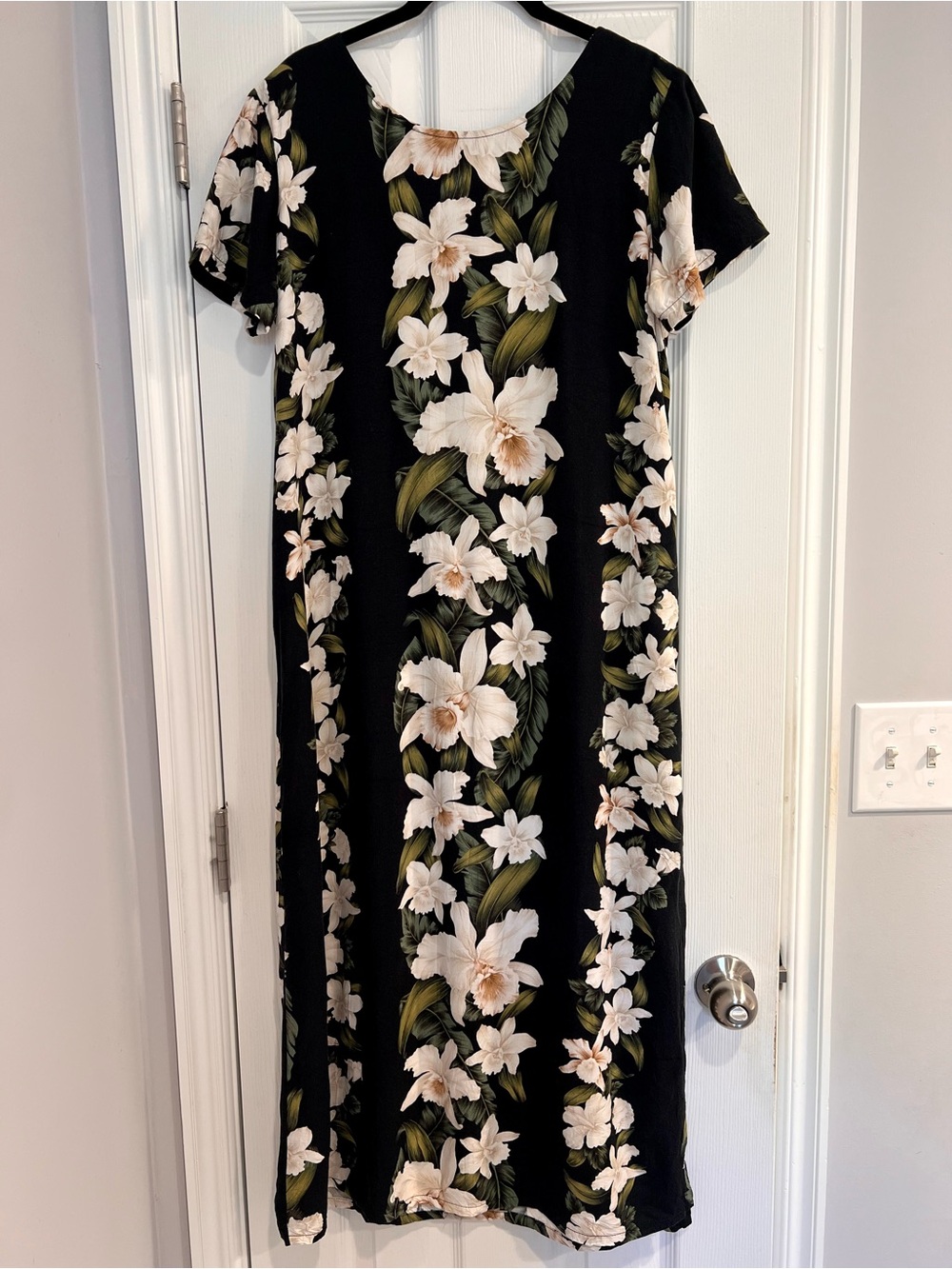 Vintage Hawaiian Floral Midi Dress Black White Orchid Hibiscus Print Side Slit M